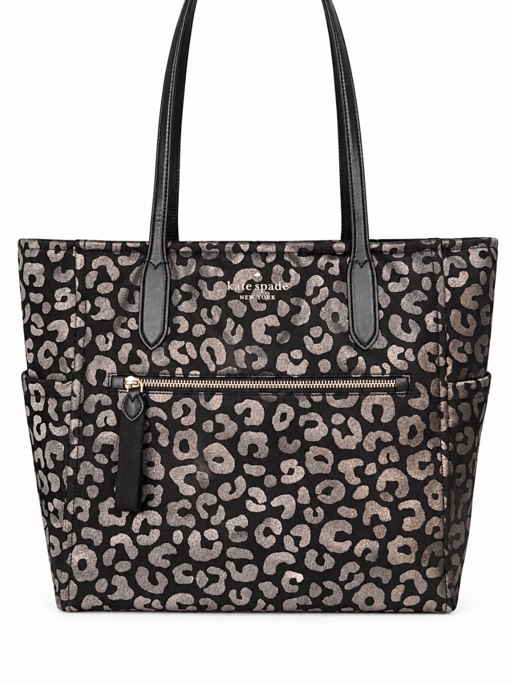 Kate Spade Chelsea Large Nylon Tote bag Metallic Silver Gold Leopard $379 MSRP